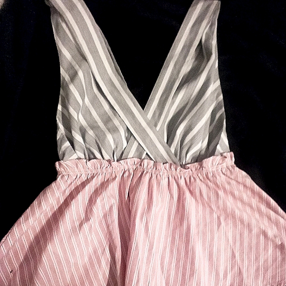 Elodie Striped Open Cross Back Peplum Babydoll Tank Top Sleeveless. Small